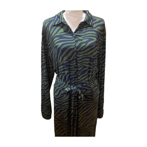 Eloquii Zebra Print MIDI Shirt Dress Green Blue Tie Waist Button Up Womn Plus 20 - Picture 4 of 11